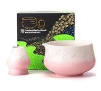 TEANAGOO Bol à matcha avec bec, 2 bols en céramique Fuji et support pour fouet (chawan), bol à matcha rose de 560 ml avec support, coffret cadeau pour ami/famille