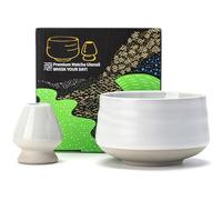 TEANAGOO Bol à matcha avec bec verseur, ensemble de bols à matcha en céramique et porte-fouet, 2 pièces Macha Chawan de 510 ml, tasse blanc ivoire avec support, bol à thé vert, coffret cadeau pour