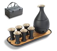 TEANAGOO Ensemble de saké japonais traditionnel, carafe à saké (170 ml) avec 6 tasses à saké (25 ml) pour liqueur de soju japonaise avec plateaux de service en bambou 10 pièces/ensemble