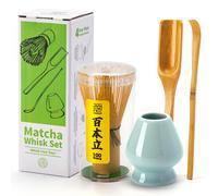 TEANAGOO Kit matcha avec fouet en bambou, porte-fouet, pelle et cuillère en bambou - Céladon bleu