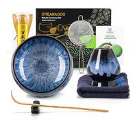 TEANAGOO Kit matcha de cérémonie avec fouet en bambou et porte-fouet, bol en céramique, cuillère en bambou et support, tamis et serviette - Bleu