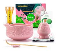 TEANAGOO Lot de 7 fouets à matcha roses avec motif fleurs de cerisier, kit complet de cérémonie, bol Chawan en céramique avec bec, fouet et accessoires, service à thé matcha traditionnel pour lattes