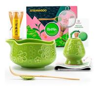 TEANAGOO Lot de 7 fouets à matcha verts avec motif fleurs de cerisier, kit complet de cérémonie, bol Chawan en céramique avec bec, fouet et accessoires, service à thé matcha traditionnel pour lattes
