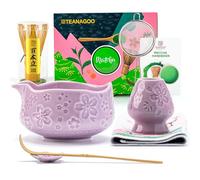TEANAGOO Lot de 7 fouets à matcha violets avec motif fleurs de cerisier, kit complet de cérémonie, bol Chawan en céramique avec bec, fouet et accessoires, service à thé matcha traditionnel pour lattes