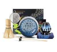 TEANAGOO Matcha Kit 7 pièces, Fouet Matcha, ensemble de thé matcha pour la préparation du petit déjeuner/latte, bol à matcha en céramique (chawan) avec bec verseur et fouet（Bec Junware Bleu）