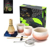 TEANAGOO Matcha Set : Fouet, bol, pelle, support, préparation, set à thé + 2 tasses - dégradé rose blanc - 9
