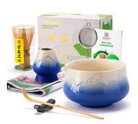 TEANAGOO Set bleu de cérémonie du matcha 7 pièces avec fouet, bol en céramique motif Fuji, cuillère et tamis pour latte, cadeau pour amateurs de matcha