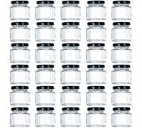 Tebery - Lot de 30 mini bocaux hexagonaux en verre avec couvercles et étiquettes revêtus de plastisol noir (44,3 ml)