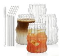 Tebery Lot de 4 gobelets en verre côtelé avec paille en verre, 473,6 g, verres à cocktail vintage ondulés, pour café glacé, jus, boisson et lait
