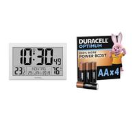 techno line Horloge Radio-pilotée, Matériau : Plastique, argenté, Klein: 22, 5 x 14, 3 x 2, 4cm WS8016 + Duracell Optimum Lot de 4 AA