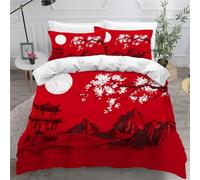 TECHPO Housse de Couette 220x240 Rouge Japonais Parure de Lit 3 pièces Literie Fleurs De Cerisier 3D HD Impression Microfibre avec Fermeture éclair Hiver Housse de Couette pour Enfant et Adulte