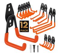 TECHSHARE Lot de 12 crochets muraux pour garage, charges lourdes, 4 tailles différentes, double crochet robuste pour outils de jardin, équipement de sport, échelle, organisation de garage (couleur