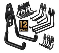 TECHSHARE Lot de 12 crochets muraux pour garage, charges lourdes, 4 tailles différentes, double crochet robuste pour outils de jardin, équipement de sport, échelle, organisation de garage (noir)