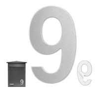 TECHZOCO Numéro 9 maison, numéro neuf maison, numéro 9 pour porte, numéro 9 mural, numéro 9 boîte aux lettres, acier inoxydable 304, 75 mm de haut x 47 mm de large, autocollant, argenté