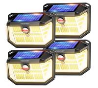 TECKNET Lampe Solaire Extérieur, 231 LEDs, Projecteur Solaire avec Éclairage à 300°, Lampe Murale Étanche IP65, 3 Modes, avec Détecteur de Mouvement, pour Jardin, Patio et Garage, Lumière Chaude, 4pcs