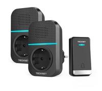 TECKNET Sonnette sans Fil 400 m, Kit 1 Carillon + 2 Récepteurs Enfichables | Étanche IP65, 60 Mélodies, 5 Niveaux Volumes, avec Fonction de Charge et lumière LED, pour Maison, Bureau, Hôtel - Noir