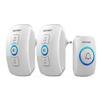 TECKNET Sonnette sans Fil Étanche IP65, Kit de Sonnette de Porte Sans Fil, Portée 400 m, 60 Mélodies & 5 Niveaux de Volume, Flash LED, 1 Émetteur & 2 Récepteur, Sonnette de Porte Maison