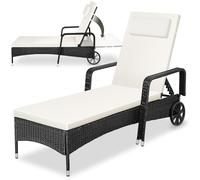 tectake® Bain Soleil en Résine tressée, résistant aux UV, Coussin amovible | Roulettes pour Transport facile, Dossier réglable sur 6 Positions, 200 x 70 x 33 cm, max. 150 kg, noir/beige