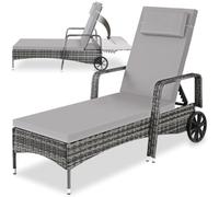 tectake® Bain Soleil en Résine tressée, résistant aux UV, Coussin amovible | Roulettes pour Transport facile, Dossier réglable sur 6 Positions, 200 x 70 x 33 cm, max. 150 kg, gris/gris clair