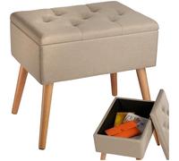 tectake® Banc de Rangement Pliable Bout de lit Aspect Lin Pieds en Bois Banc Entree Pouf Chambre Dressing Chambre Adulte Repose Pied Tabouret Coiffeuse Meuble Salon Maison Coffre a Jouet