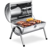 tectake® Barbecue portable avec double surface de cuisson, 42x30.5x44 cm | Acier inox, Couvercle pratique, Poignée en bois, Trous d'aération, Bacs à charbon amovibles, Pinces pour grille, Stabilité