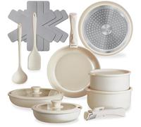 tectake® Batterie de cuisine 16 pcs, 2 Casseroles, 3 Poeles, 4 couvercles, 3 protège Casseroles Spatule Louche Induction gaz Vitrocéramique Poignées amovibles Revêtement antiadhésif en céramique Blanc