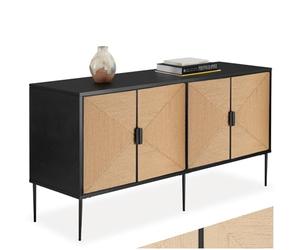 tectake® Buffet 150 x 47 x 77 cm, Buffet Salon 4 Portes Aspect Jute Naturelle, Meuble de Rangement 4 Compartiments, Meuble Salon, Salle a Manger, Vaisselier, Bahut, Placard Rangement, Noir/Marron