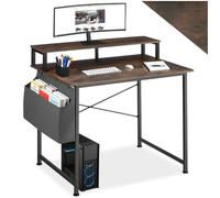 tectake® Bureau avec étagère et poche de rangement en tissu 120 x 60 x 110 cm Table bureau Style industriel Bureaux ordinateur Meuble pc Table de travail Meuble ordinateur Desk Teletravail, Bois foncé