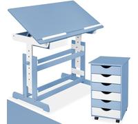 TecTake® Bureau Enfant 109 cm x 55 cm, avec Caisson de Rangement à roulettes 6 Tiroirs, Bureau avec Rangement, Plateau de Travail inclinable, Pieds réglables 7 Positions, Meuble Enfant, Bleu