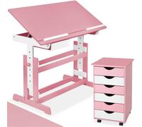 tectake® Bureau Enfant Fille 109 cm x 55 cm, avec Caisson de Rangement à roulettes 6 Tiroirs, Bureau avec Rangement, Plateau de Travail inclinable, Pieds réglables 7 Positions, Meuble Enfant, Rose
