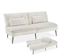 tectake® Canapé-Lit 3 en 1, 3 places, Dossier 6 positions, 175 x 66 x 87 cm | Canapé, Chaise longue, Lit d'appoint, Max 300 kg, Rembourrage épais, 2 coussins inclus, Dossier en 2 parties, Crème/Blanc