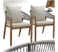 tectake® Chaise de Jardin Lot de 2, Acacia, Corde tressée, 59x58x76,5cm | Résistant aux intempéries, Coussins épais, housses polyester déperlantes amovibles lavables, pieds en Acacia massif, grège
