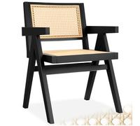 tectake® Chaise de Salle à Manger Design Noir en Bois Massif & Cannage Chaise de Table à Manger avec Accoudoirs Confortable pour Coiffeuse, Chambre, Cuisine, Bureau, Cabinet, Dressing