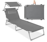 tectake® Chaise Longue 190x68x111cm Pliable Réglable sur 4 Positions, résistante aux intempéries, Respirante, Pare-Soleil, Appui-tête & Poignée de Transport, Jardin, Piscine, terrasse, Camping - Gris