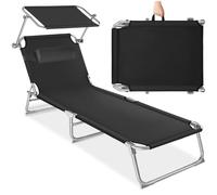 tectake® Chaise Longue 190x68x111cm Pliable Réglable sur 4 Positions, résistante aux intempéries, Respirante, Pare-Soleil, Appui-tête & Poignée de Transport, Jardin, Piscine, terrasse, Camping - Noir
