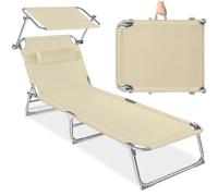 tectake® Chaise Longue 190x68x111cm Pliable Réglable sur 4 Positions Résistante aux intempéries Respirante, Pare-Soleil, Appui-tête & Poignée de Transport, Jardin, Piscine, terrasse, Camping - Beige