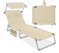 tectake® Chaise Longue Pliante Bain de Soleil Jardin Exterieur avec Pare Soleil, Appuie-tête & Pochette Chaise Longue inclinable Transat de Plage Relax Camping Salon de Jardin Exterieur