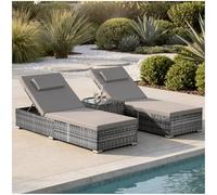 tectake® Chaise longue double en rotin 62x196x36 cm, Table d'appoint incluse, Transat Jardin Exterieur réglable 6 positions, Résistant aux UV et Intempéries, Bain de Soleil Max. 200kg, Jardin, Piscine
