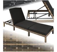 tectake® Chaise longue en Rotin, résistante aux UV et Intempéries | Dossier réglable en 6 Positions, Rembourrage épais, Coussin amovible, 196 x 66 x 27 cm, Cadre Acier, Transat, marron naturel