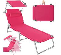 tectake® Chaise Longue Pliante Bain de Soleil avec Pare Soleil & Appuie-tête - Inclinable Transat de Plage Relax pour Jardin, Camping, Salon Extérieur - Rose