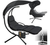 tectake® Chaise Longue Suspendue avec Support, Pare-Soleil Anti-UV, Stable | Résistante aux Intempéries, intérieur & extérieur, ergonomique, Rembourrage lavable, 195x132x197 cm, Poche latérale, noir