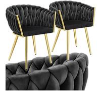 Chaise - TECTAKE - Lot de 2 fauteuils ASTANO en velours, design noué avec pieds fin en acier, 60,5 x 55 x 75 cm - Noir/Or