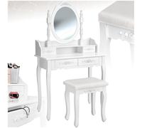 tectake® Coiffeuse avec Miroir et Tabouret Table de Maquillage Vanity Desk avec Miroir pivotable, Banc Tabouret Coiffeuse rembourré, 4 Tiroirs Rangement Maquillage Coiffeuses Adulte Femme Bois Blanc