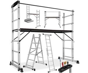 tectake® Échelle Multifonction 3 en 1 Échafaudage Roulant en Acier Plateforme de Travail Antidérapante Échelle Téléscopique Échelle Pliante Escabeau Pliant Bricolage Peinture Toiture