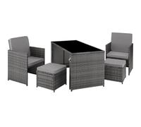 tectake® Ensemble Salon de Jardin Exterieur 4 Places en Poly Rotin 2 Fauteuil Salon, 2 Tabouret Pouf et 1 Table de Jardin, Coussins Inclus, Mobilier de Jardin pour Amenagement Balcon Terrasse