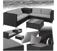 tectake® Ensemble Salon de Jardin Exterieur en Poly Rotin 4 Personnes, 2 Canapés modulables, Coffre de Rangement et Table de Jardin en Verre Inclus, Mobilier de Jardin Amenagement Balcon