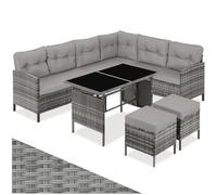 tectake® Ensemble Salon de Jardin Exterieur Modulable en Rotin, Canape Exterieur d’Angle, Table avec Plateaux en Verre et 2 Tabouret Pouf, Coussins Inclus, Salon de Jardin, Balcon, Terrasse