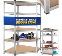 tectake® Étagère Garage Charge Lourde d'angle Modulable en Métal 5 Tablettes 180x89,5x89,5 cm Max. 875 kg Rangement Outils, Atelier Pneus, Buanderie