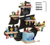 tectake® Étagère Murale pour TonieBox 1 et 2, Jusqu’à 40 Figurines, Pirate | Maximum 40 Tonies, Bandes métalliques double face, Magnétique, Passage de câbles, Support pour casque, 66,5 x 16,5 x 57 cm