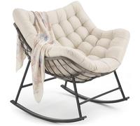 tectake® Fauteuil à Bascule 93x99.5x89 cm, Rembourrage épais avec Motif matelassé, Résistant aux intempéries, Max. 120kg, Structure en Acier, Assise en rotin tressé, Rocking Chair - Beige